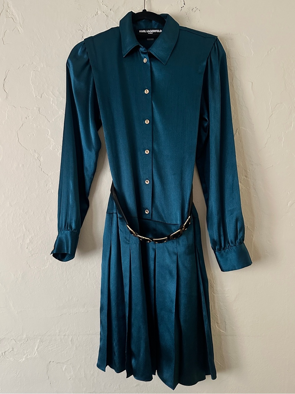 Karl Lagerfeld Teal Satin Long-Sleeve Button-Down Belted Midi Shirt Dress - Picture 6 of 15